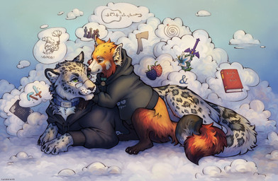 black_clothing black_hoodie black_topwear brown_eyes claws clothed clothed_feral clothing cloud collar detailed_background feral fur green_eyes grey_body grey_fur hoodie hug markings red_body red_fur sky spots spotted_body spotted_fur topwear white_body white_fur tashiroth ailurid felid mammal pantherine red_panda snow_leopard hi_res line_art