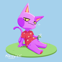 anthro beverage chibi clothed clothing coffee fur grass male pink_body pink_fur plant purple_body purple_fur shirt shortstack simple_background sitting solo t-shirt tail topwear yellow_sclera conditional_dnp nikoyishi animal_crossing nintendo bob_(animal_crossing) domestic_cat felid feline felis mammal 1:1 2025 digital_drawing_(artwork) digital_media_(artwork) hi_res shaded signature