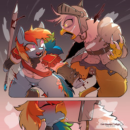 animal_genitalia animal_vulva armor beak blood blue_body blue_fur blush bodily_fluids canine_genitalia canine_vulva clothed clothing cutie_mark duo equine_genitalia equine_vulva female female/female feral fur genitals hair headgear helmet kissing long_hair melee_weapon multicolored_hair multicolored_tail open_beak open_mouth rainbow_hair rainbow_tail semi-anthro sword tail teeth violence vulva weapon wings cold-blooded-twilight friendship_is_magic hasbro my_little_pony mythology gilda_(mlp) rainbow_dash_(mlp) avian equid equine gryphon mammal mythological_avian mythological_creature mythological_equine pegasus 1:1 comic hi_res