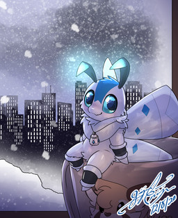 antennae_(anatomy) anthro city container cup glowing glowing_antennae jewelry looking_at_viewer necklace snow wings gingy_k_fox arthropod insect lepidopteran moth 2020