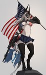 american_flag anthro black_bottomwear black_clothing black_ears black_nose black_skirt bottomwear bra claws clothing countershade_face countershade_torso countershading digitigrade dreadlocks female flag flag_(object) fur grey_background grey_body grey_fur gun hair holding_flag holding_object long_ears long_hair looking_at_viewer machine_gun plushie ranged_weapon simple_background skirt snout solo standing toe_claws underwear united_states_of_america weapon white_body white_fur white_hair narney bat mammal unknown_species 2022 full-length_portrait hi_res portrait