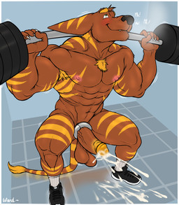 5_fingers abs accessory anthro armpit_hair balls barbell barbell_squats biceps biped blush bodily_fluids body_hair border brown_body chest_hair clothing cock_ring cum ears_down ejaculation erection exercise fingers footwear genital_fluids genitals high-angle_view humanoid_genitalia humanoid_penis jewelry looking_pleasured male muscular muscular_anthro muscular_male navel nipples nude pecs penis penis_accessory penis_jewelry pivoted_ears shoes smile socks solo squats striped_body stripes uneven_balls vein weightlifting white_border workout yellow_stripes wardraws ratchet_and_clank sony_corporation sony_interactive_entertainment lombax mammal 2021 absurd_res digital_media_(artwork) hi_res