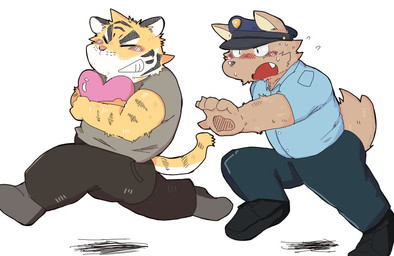 anthro blush bodily_fluids bottomwear brown_body brown_fur clothing duo eyes_closed fur hat headgear headwear heart_symbol kemono male pants police police_hat running shirt sweat topwear hone-bk canid canine canis domestic_dog felid mammal pantherine tiger 2015