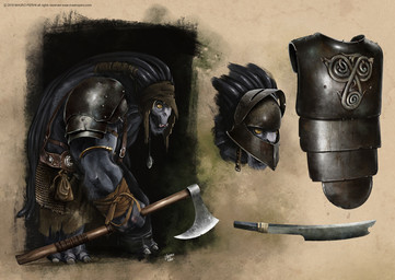 3_toes 5_fingers accessory anthro armlet armor axe belt black_body black_fur black_lips bottomwear breastplate brown_background brown_belt brown_bottomwear brown_clothing brown_headband brown_helmet brown_skirt brown_wristband clothed clothed_anthro clothed_male clothing colored_nails feet fingers fur gold_(metal) gold_armlet gold_jewelry grey_body grey_nails grey_skin grey_toenails gums headband holding_axe holding_object horizontal_pupils jewelry light lips male male_anthro melee_weapon muscular muscular_anthro muscular_male nails nipples no_eyebrows pauldron pink_gums pupils right-handed sharp_teeth simple_background skirt solo sword teeth tendrils text thick_bottom_lip toenails toes underbite weapon yellow_eyes mauro_perini alien ape haplorhine mammal primate 2010 artist_name colored copyright_name digital_drawing_(artwork) digital_media_(artwork) english_description lighting multiple_scenes shaded signature url
