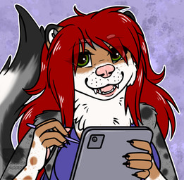 anthro apple_pencil fangs female green_eyes hair looking_at_viewer red_hair solo spots tablet_computer teeth arwenscoots conditional_dnp apple_inc. ipad arwen domestic_ferret mammal mustelid musteline true_musteline weasel bust_portrait hi_res portrait