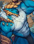 abs anthro biceps blue_body body_hair bulge chest_hair claws clothing detailed_bulge fur genital_outline genitals horn jockstrap male muscular muscular_anthro muscular_male pecs penis_outline scales solo underwear white_body mixterart capcom monster_hunter fanged_wyvern mammal scalie zinogre absurd_res hi_res