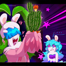anthro bangs bare_shoulders blue_hair cactus checkered checkered_background clothed clothed_anthro clothed_female clothing disbelief dress duo ellipsis eyelashes female female_anthro freckled_face freckles fur furrowed_eyebrows hair hair_over_eyes heart_symbol hearts_around_head holding_cactus holding_plant light long_ears long_hair looking_at_another multicolored_body multicolored_hair narrowed_eyes noseless pattern_background pink_clothing pink_shirt pink_tongue pink_topwear plant purple_clothing purple_dress purple_eyelids purple_eyes purple_hair sharp_teeth shirt simple_background sleeves_past_fingers squint star_(shape) tan_inner_ear teeth text thin_eyebrows thorns tongue tongue_out topwear two_tone_body two_tone_hair vines white_body white_fur jooniethenight mario_bros mario_plus_rabbids_sparks_of_hope nintendo raving_rabbids rayman_(series) ubisoft daphne_(mario_plus_rabbids) midnite_(mario_plus_rabbids) spark_hunter elemental_creature flora_fauna ghost hybrid lagomorph mammal rabbid spirit 1:1 artist_name colored crossover digital_drawing_(artwork) digital_media_(artwork) english_description hi_res letterbox lighting shaded