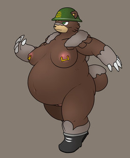 5_fingers anthro areola armor big_breasts boots breasts brown_body claws clothing female fingers footwear genitals green_eyes grey_background headgear helmet navel nipple_piercing nipples overweight piercing pink_areola shoes simple_background solo vulva 翌檜＠絶望間近 nintendo pokemon generation_8_pokemon pokemon_(species) ursaluna 2023 alternate_version_at_source