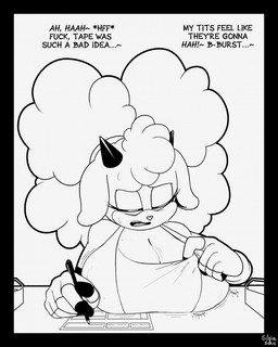 2_horns big_breasts big_hair bodily_fluids breast_rest breasts cleavage clothed clothing ears_down eyelashes eyes_closed female floppy_ears fluffy fluffy_hair furniture hair holding_object holding_pen horn huge_breasts motion_lines open_mouth pen pivoted_ears profanity solo sweat sweatdrop table teeth teeth_showing text tied_hair tongue silvia_nexus_(artist) idw_publishing sega sonic_the_hedgehog_(comics) sonic_the_hedgehog_(idw) sonic_the_hedgehog_(series) lanolin_the_sheep_(sonic) bovid caprine mammal sheep english_text hi_res monochrome