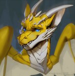 ambiguous_gender blue_eyes claws eyebrows eyelashes horn membrane_(anatomy) membranous_wings scales smile solo spines teeth wings vagabondbastard european_mythology mythology dragon mythological_creature mythological_scalie scalie western_dragon