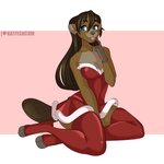 4_toes anthro bare_shoulders blue_eyes breasts brown_body brown_fur brown_hair brown_nose buckteeth cleavage clothed clothing dress feet female finger_on_tongue fur hair hand_between_legs kneeling leg_warmers leggings legwear long_hair looking_aside navel_outline patreon_logo pink_background santa_dress simple_background sitting solo teeth toes tongue tongue_out white_background katfishcom patreon maggie_lee beaver mammal rodent 1:1 2020 artist_name digital_media_(artwork) hi_res shaded