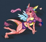 anthro big_eyes biped black_background bra breasts claws clothed clothing feathered_wings feathers female fur hair inner_ear_fluff long_hair lying non-mammal_breasts open_mouth panties pink_body purple_body purple_fur purple_hair simple_background skimpy solo tail toe_claws tuft underwear white_body white_feathers white_fur wings yellow_body tigerlilylucky mythology linvar dragon feathered_dragon feathered_scalie furred_dragon furred_scalie mythological_creature mythological_scalie scalie 2009 traditional_media_(artwork)