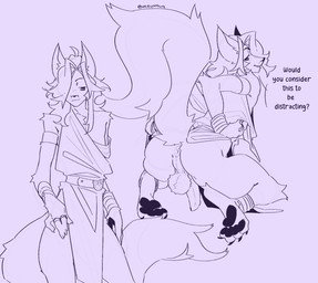 anklet anthro anus backsack balls belt bottomless bracelet butt claws cloak clothed clothing clothing_lift dialogue digit_ring finger_ring flaccid foreskin genitals hair hair_over_eye jewelry kneeling long_foreskin long_hair looking_at_viewer male narrowed_eyes partially_clothed pawpads paws penis perineum presenting presenting_hindquarters simple_background slim slim_male snout solo speech_bubble standing tail text toe_claws topwear topwear_only unretracted_foreskin nerunaur canid canine fox mammal 2026 hi_res signature sketch