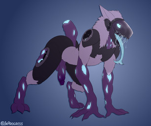 all_fours anthro balls bodily_fluids cracked_glass drooling forked_tongue genitals glowing infected long_tongue machine male penis saliva semi-anthro solo tongue inprogress monster protogen 6:5 absurd_res hi_res