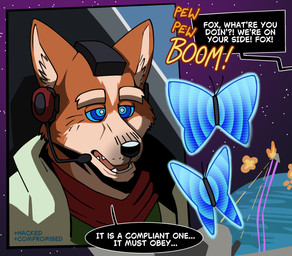 anthro blue_eyes clothed clothing dialogue electronics fur hypnosis male microphone mind_control offscreen_character open_mouth ringed_eyes solo sound_effects speech_bubble status_effect text anothermeekone nintendo star_fox fox_mccloud canid canine canis fox mammal 2026 digital_media_(artwork) english_text hi_res
