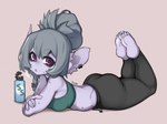 bottomwear breasts clothed clothing feet female grey_hair hair long_hair lying on_front ponytail purple_body purple_eyes shorts simple_background solo topwear rinkae league_of_legends riot_games tencent humanoid yordle 2021 digital_media_(artwork)