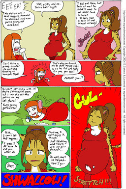 after_vore anthro belly big_belly breasts clothing dress duo female female_pred female_prey fur hair inside orange_hair overweight red_clothing red_dress speech_bubble text vore white_body white_fur yellow_body yellow_fur s.sakurai felid leopard mammal mouse murid murine pantherine rodent 2004 comic english_text