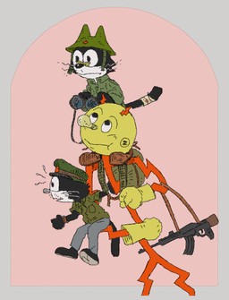 ambiguous_gender anthro armor bandage bandaged_tail binoculars biped black_body black_fur bottomwear clock clothing coat collared_shirt countershading footwear fur fur_markings group gun hat headgear headwear helmet holding_gun holding_object holding_ranged_weapon holding_rifle holding_weapon looking_ahead looking_at_another markings military military_uniform pants ranged_weapon rifle shirt shoes short_sleeves simple_background standing_on_another tail topwear trio uniform watch weapon whiskers white_body white_fur wounded qs75834 felix_the_cat_(series) reddy_kilowatt felid feline mammal digital_media_(artwork)