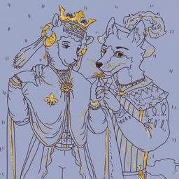 anthro bracelet crown duo ear_piercing ear_ring ears_up eye_contact eyebrows fur headgear horn jewelry looking_at_another looking_at_partner male male/male necklace piercing ring_piercing smile smiling_at_another smiling_at_partner teeth teeth_showing wearing_crown wool_(fur) reynard_goodfellow reynard_the_baa bovid canid canine canis caprine mammal sheep wolf 1:1