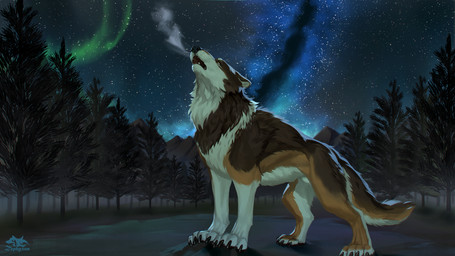 amazing_background ambiguous_gender brown_body brown_fur claws detailed_background digitigrade feral forest fur howl multicolored_body multicolored_fur outside paws plant quadruped sky solo star starry_sky toe_claws tree white_body white_fur zephyxus gausswolf canid canine canis mammal wolf 16:9 2025 detailed digital_media_(artwork) widescreen