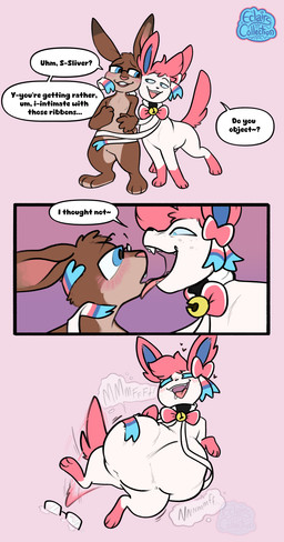 abdominal_bulge ambiguous_gender anthro bell bell_collar blush blush_lines bodily_fluids collar dialogue drooling duo eyewear feral freckled_face freckles glasses heart_symbol looking_pleasured open_mouth oral_vore saliva soft_vore speech_bubble tail tail_motion tailwag teasing text tongue tongue_out vore willing_prey eclairscollection nintendo pokemon fatescanner sliverthesylvy eeveelution generation_6_pokemon lagomorph leporid mammal pokemon_(species) rabbit sylveon comic english_text hi_res