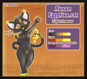ambiguous_gender ankh anthro biped black_body black_border black_fur black_hair black_nose black_tail border fangs front_view fur hair looking_at_viewer pawpads paws solo standing tail teeth text tongue_showing yellow_eyes yellow_toes bunhideout auxan domestic_cat felid feline felis mammal 2026 absurd_res character_name english_text hi_res model_sheet