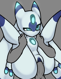 anthro balls blue_body blue_eyes blue_markings chest_gem duo female forehead_gem front_view gem genitals glowing glowing_markings grey_background male male/female markings mouthless nude penetration penis sex simple_background spread_legs spreading thick_thighs vaginal vaginal_penetration wide_hips allewdbruh palworld pocketpair human lunaris_(pal) mammal pal_(species)