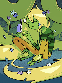 2_toes accessory ambiguous_gender barefoot blonde_hair bottomwear brush clothing eyes_closed feet flower flower_in_hair green_body hair hair_accessory hairbrush hairy_feet long_hair not_furry pants plant shirt sitting solo toes toony topwear torn_bottomwear torn_clothing torn_pants discount-supervillain adventure_time cartoon_network fionna_and_cake fionna_and_cake_(franchise) fern_(adventure_time) elemental_creature elemental_humanoid flora_fauna humanoid plant_humanoid 3:4 hi_res