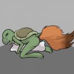 1:1 2019 anthro breasts buttplug buttplug_tail eyes_closed fake_fox_tail fake_tail female green_body green_skin grinding masturbation non-mammal_breasts nude open_mouth pillow pillow_humping plug_(sex_toy) reptile scalie sex_toy simple_background solo study_partners thunderouserections turtle