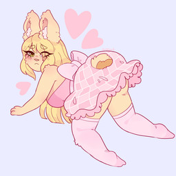3_fingers 3_toes all_fours anthro arm_tuft bangs bent_legs big_butt biped blonde_eyebrows blonde_hair blue_background blush blush_lines breasts brown_tail butt cheek_tuft closed_frown clothed clothed_anthro clothed_female clothing dress elbow_tuft eye_through_hair eyebrow_through_hair eyebrows eyelashes eyelashes_through_hair facial_tuft feet female female_anthro fingers fluffy fluffy_ears fluffy_tail frown frowning_at_viewer fur green_eyes hair heart_symbol hearts_around_head inner_ear_fluff legwear long_hair looking_at_viewer looking_back looking_back_at_viewer medium_breasts mouth_closed pink_bow pink_clothing pink_dress pink_inner_ear pink_knee_socks pink_legwear pink_nose pink_thigh_highs scut_tail short_tail shoulder_tuft shy simple_background solo tail text thick_thighs thigh_highs toes translucent translucent_hair tuft two_tone_tail white_inner_ear_fluff yellow_body yellow_fur yellow_tail suzeart coco_(suzeart) lagomorph leporid mammal rabbit 1:1 2024 artist_name colored digital_drawing_(artwork) digital_media_(artwork) english_description full-length_portrait hi_res portrait shaded