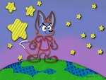 2023 4:3 anthro black_nose bottomless brown_body brown_fur canid canine clothed clothing detailed_background fox fur geekfox geekfox_(character) male mammal orange_body orange_fur outline pink_sky purple_sky red_clothing red_shirt red_topwear shirt sky smile solo star topwear white_body white_fur world yarn