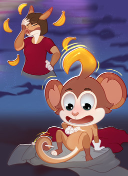 anthro banana brown_body brown_fur brown_hair clothed clothed_anthro clothing eyes_closed food fruit fur hair monkey_tail mouth_closed multicolored_body multicolored_fur nude open_mouth pink_nose plant solo tail transformation white_body white_fur sjevi honkai:_star_rail honkai_(series) mihoyo aardvark haplorhine mammal monkey primate digital_drawing_(artwork) digital_media_(artwork) hi_res
