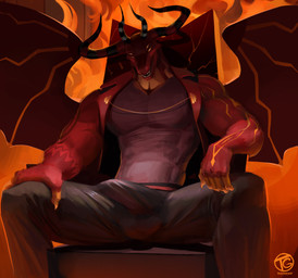 4_eyes 4_horns anthro balls_outline big_bulge big_muscles bottomwear bulge chair clothed clothing detailed_bulge fully_clothed furniture genital_outline horn looking_at_viewer male male_anthro membrane_(anatomy) membranous_wings multi_eye multi_horn muscular muscular_anthro muscular_male on_chair pants pecs penis_outline red_body red_scales scales shirt sitting sitting_on_chair sitting_on_throne solo spread_legs spreading tank_top throne topwear wings tagonkrat european_mythology hellaverse helluva_boss mythology satan_(helluva_boss) demon demon_dragon dragon mythological_creature mythological_scalie scalie western_dragon winged_dragon 2024 absurd_res hi_res