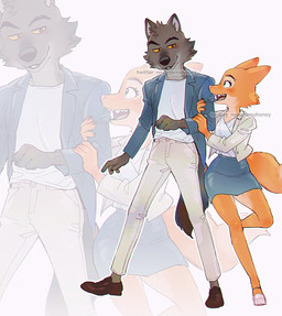 anthro arms_around_partner barbell_piercing blue_bottomwear blue_clothing blue_jacket blue_skirt blue_topwear bottomwear brown_clothing brown_footwear brown_shoes canon_couple clothing duo eyebrow_piercing facial_piercing female footwear fur green_eyes grey_body grey_fur happy jacket male male/female orange_body orange_fur pants piercing pink_clothing pink_footwear pink_shoes shirt shoes skirt smile teeth topwear white_bottomwear white_clothing white_jacket white_pants white_shirt white_topwear yellow_eyes yellow_sclera nosugarnohoney dreamworks the_bad_guys diane_foxington mr._wolf_(the_bad_guys) canid canine canis fox mammal north_american_gray_wolf red_fox true_fox wolf hi_res