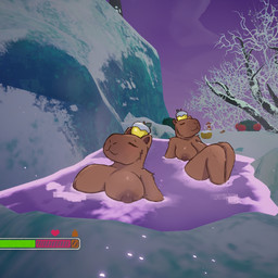 anthro areola bone brass_instrument breasts brown_body brown_fur casual_nudity cat_smile cliff clothing duo eyes_closed female food food_on_head fruit fruit_on_head fur gameplay_mechanics group hat headgear headwear hot_spring musical_instrument nipples nude object_on_head outside partially_submerged plant pointy_ears prick_ears screencap screencap_background shrub skeleton skinny_dipping snout snow stamina_bar steam topwear tree trio trumpet vest water wind_instrument holemann peak_(videogame) background_character scoutmaster_myres animated_skeleton capybara caviid humanoid mammal rodent undead 1:1 hi_res