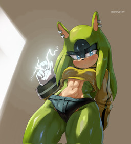 abs anthro blue_eyes blush bottomwear bracelet breasts clothing ear_piercing ear_ring electricity female green_body hair hotpants jewelry long_hair long_sleeves loose_hair low-angle_view medium_breasts midriff muscular muscular_anthro muscular_female piercing ring_piercing shorts solo tan_body tan_skin text thick_thighs wide_hips soranygyart idw_publishing sega sonic_the_hedgehog_(comics) sonic_the_hedgehog_(idw) sonic_the_hedgehog_(series) surge_the_tenrec afrosoricid mammal tenrec artist_name hi_res