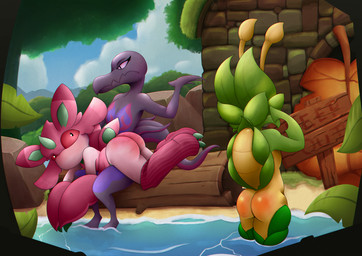 forest group jungle male plant tree trio nintendo pokemon generation_5_pokemon generation_7_pokemon leavanny lurantis pokemon_(species) salazzle hi_res