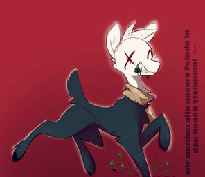 ambiguous_gender arm_tuft black_body black_fur cheek_tuft chest_tuft clenched_teeth clover_(plant) clover_leaf dewclaw_hooves elbow_tuft facial_tuft feral fur head_tuft hooves inner_ear_fluff leaf long_legs mostly_nude multicolored_body multicolored_fur plant red_background red_eyes scarf scarf_only scut_tail sharp_teeth short_tail simple_background skinny slim solo tail teeth text toothy_smile tuft two_tone_body two_tone_fur unguligrade walking white_body white_fur white_head x_eye =djoyk= sleepi canid canine deer domestic_cat felid feline felis fox hybrid mammal digital_drawing_(artwork) digital_media_(artwork) german_text hi_res translated