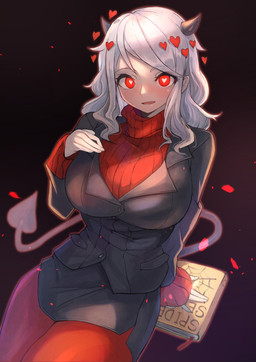 accessory arm_support bangs big_breasts black_bottomwear black_clothing black_skirt book bottomwear breasts bright_pupils clothing female hair hair_accessory hand_on_breast heart_hair_accessory heart_pupils horn legwear medium_hair open_mouth pantyhose pencil_skirt pupils red_clothing red_eyes red_legwear red_pantyhose red_sweater red_topwear sidelocks skirt skirt_suit small_horn solo spade_tail sweater swept_bangs tail topwear white_hair white_pupils ohako helltaker modeus_(helltaker) demon demon_humanoid humanoid 2020 hi_res