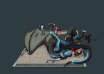 anthro bathing cleaning feral group male paws scrubbing size_difference teeth stwor mythology avali canid canine dragon fox human kobold mammal mythological_creature mythological_scalie scalie absurd_res hi_res