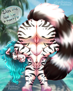 anthro anus bent_over black_body black_fur black_stripes blue_hair brown_eyes butt dialogue female fluffy fluffy_tail fur genitals hair hands_together heart_symbol long_hair looking_at_viewer looking_back looking_back_at_viewer markings multicolored_body multicolored_fur outside palm_tree plant presenting presenting_anus presenting_hindquarters presenting_vulva rear_view solo speech_bubble striped_markings striped_tail stripes tail tail_markings talking_to_viewer text tree two_tone_body two_tone_fur two_tone_tail vulva water white_body white_fur cynthiafeline cynthia_(cynthiafeline) felid mammal pantherine tiger 2026 english_text hi_res signature