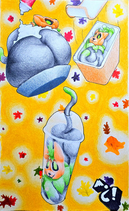 anthro butt container cup dairy_products food fruit green_leaves holiday_message leaf looking_back male orange_background plant pumpkin simple_background solo whipped_cream marthan_crowl_(artist) pumkat domestic_cat felid feline felis mammal 2025 absurd_res hi_res