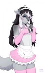 anthro black_hair blue_eyes blush bottomwear clothed clothing crossdressing femboy finger_on_chin frilly frilly_clothing gloves hair handwear legwear maid_apron maid_headdress maid_uniform male miniskirt multicolored_hair paws pink_clothing pose ribbons skimpy skimpy_dress skirt solo two_tone_hair uniform white_hair kaeda.anom asher_allure canid canine canis mammal wolf absurd_res hi_res