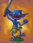 blue_body blue_skin claws clothed clothing fangs grass horn humanoid_pointy_ears male melee_weapon open_mouth plant pointy_ears solo sword teeth tongue tongue_out topless topless_male weapon snicholes0000 dragon_quest dragon_quest_xi square_enix gloomy_grublin goblin grublin_(dragon_quest) humanoid monster