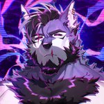 anthro beard black_hair chest_tuft detailed_background ear_piercing ear_ring eye_scar eyebrows facial_hair facial_scar fur green_pupils grey_body grey_fur hair lip_scar looking_at_viewer male multicolored_eyes muscular muscular_anthro muscular_male notched_ear pecs piercing pupils purple_body purple_eyes purple_fur ring_piercing scar solo static_background tuft two_tone_eyes booboo34 ghost_(opsychowolfo) canid canine canis mammal wolf 1:1 2025 digital_media_(artwork) headshot_portrait hi_res portrait