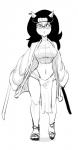 anthro breasts clothed clothing ear_piercing eyewear female glasses hair katana long_hair looking_at_viewer melee_weapon midriff navel piercing samurai solo standing sword warrior weapon dbaru usagi_yojimbo tomoe_ame domestic_cat felid feline felis mammal 2018 digital_media_(artwork) hi_res monochrome sketch