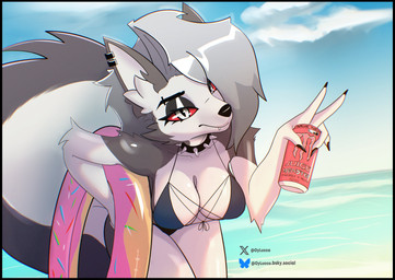 anthro beach bent_over beverage bikini breasts cleavage clothed clothing collar energy_drink fangs female gesture hand_gesture inflatable inner_tube lidded_eyes sea sky solo spiked_collar spikes swimwear teeth two-piece_swimsuit v_sign water oylucca hellaverse helluva_boss monster_energy mythology loona_(helluva_boss) canid canid_demon canine canis demon hellhound mammal mythological_canine mythological_creature wolf absurd_res hi_res