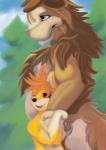 anthro arm_hug belly big_belly biped black_nose blue_eyes brown_body brown_fur countershading duo female fur hair holding_arm mane nude orange_eyes orange_hair outside side_view size_difference smile standing yellow_body hayrider canid canine mammal digital_media_(artwork) half-length_portrait hi_res portrait