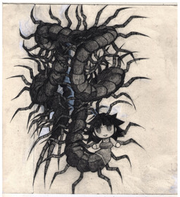 antennae_(anatomy) black_hair bottomless breasts clothed clothing empty_eyes female hair handless looking_at_viewer midriff multi_limb segmented_body simple_background smile solo topwear topwear_only neconeconoco2 arthropod arthropod_taur centipede centipede_taur myriapod myriapod_taur taur hi_res restricted_palette traditional_media_(artwork)