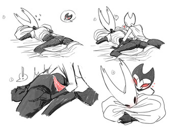 andromorph anthro aroused bed bedding blanket blush bodily_fluids crossgender duo exclamation_point from_behind_position furniture genital_fluids genitals heart_symbol horn imminent_sex intersex intersex/male male on_bed penis precum pressed_against_penis question_mark red_eyes sex sleeping sound_effects vowelless vowelless_sound_effect zzz boopie hollow_knight_(franchise) team_cherry grimmchild_(hollow_knight) the_knight_(hollow_knight) absurd_res hi_res